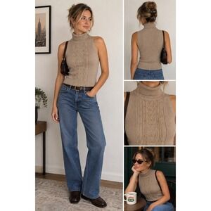 NEW Y2K 90s Requirements Sleeveless Turtleneck S Tan Beaded Ribbed Knit Sweater